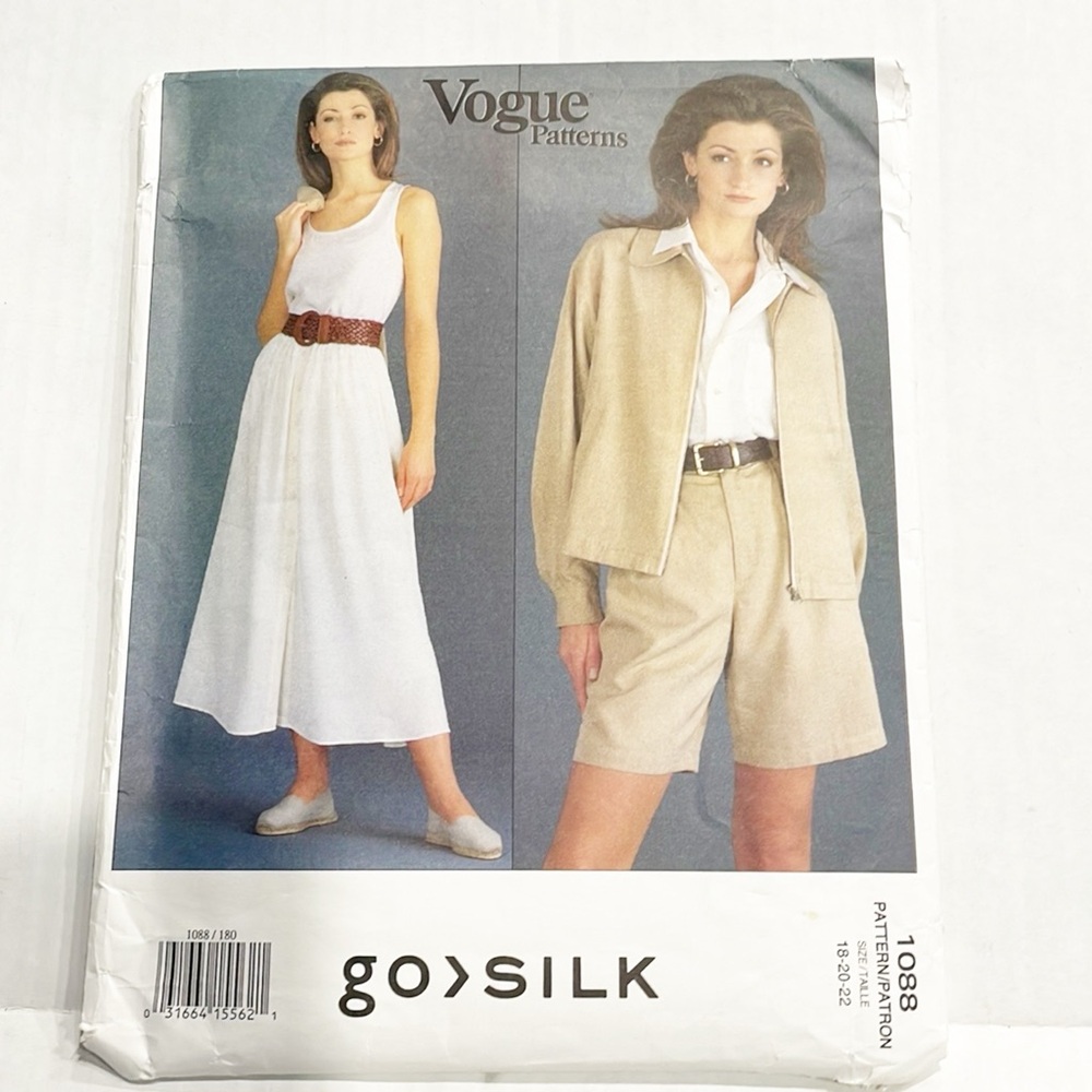 UNCUT Vogue Sewing‎ Pattern Go>Silk Jacket Skirt Shorts Sz 18-22 FF Vintage 90s